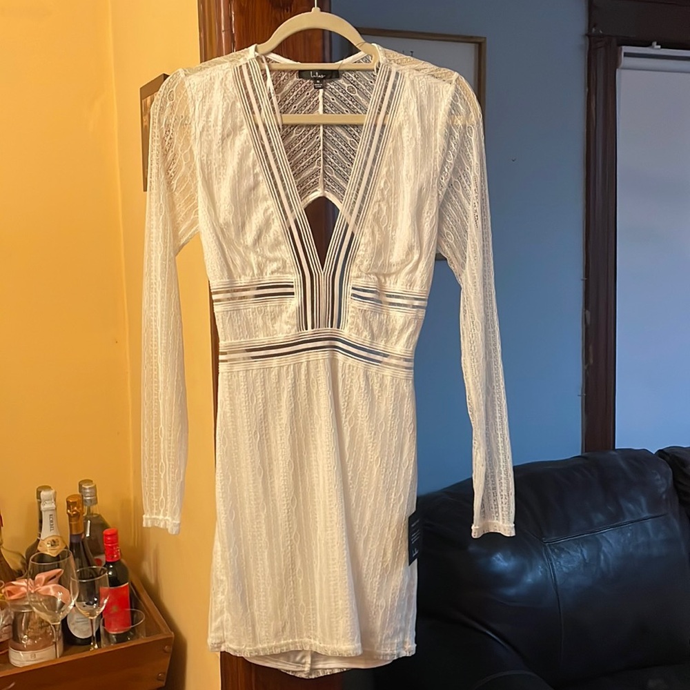 NWT LULU’S SHEER WHITE LACE LONG SLEEVE DRESS.